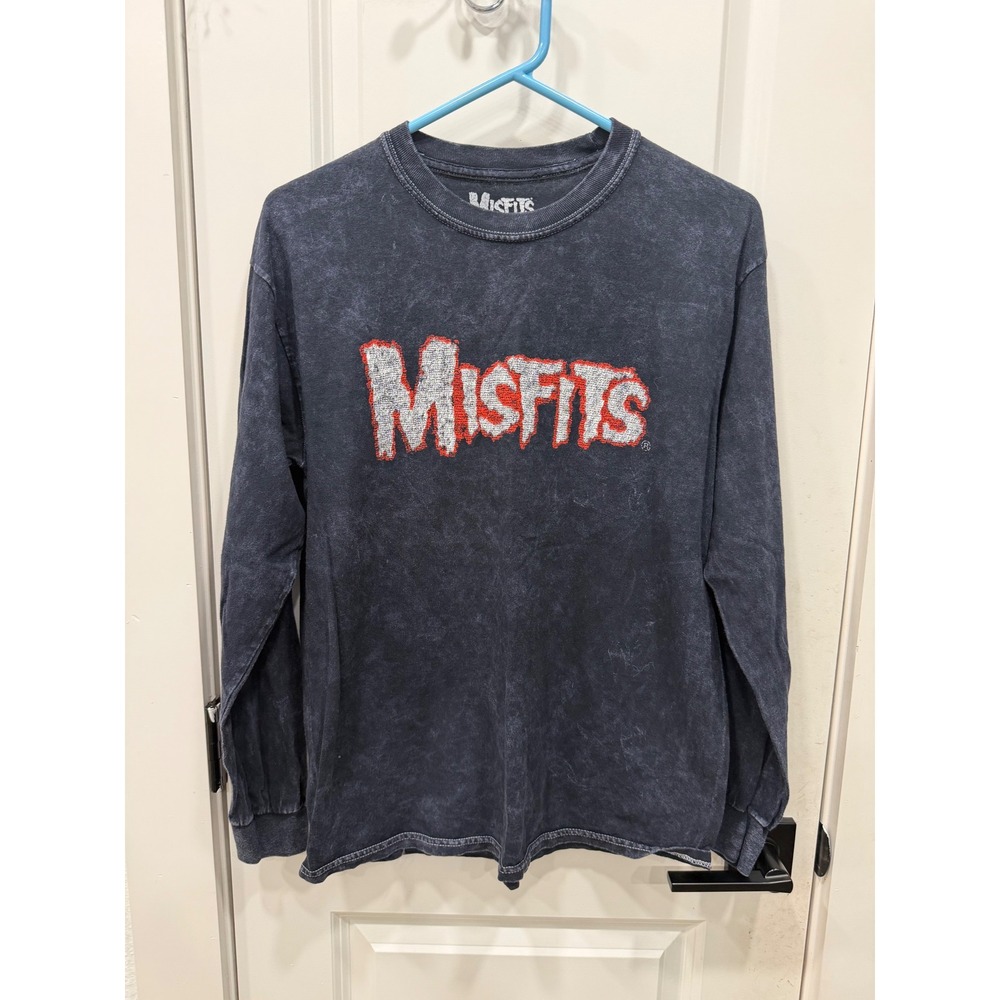 Misfits Band Logo Long Sleeve Graphic Tee Acid Wash Charcoal Grey Small Medium